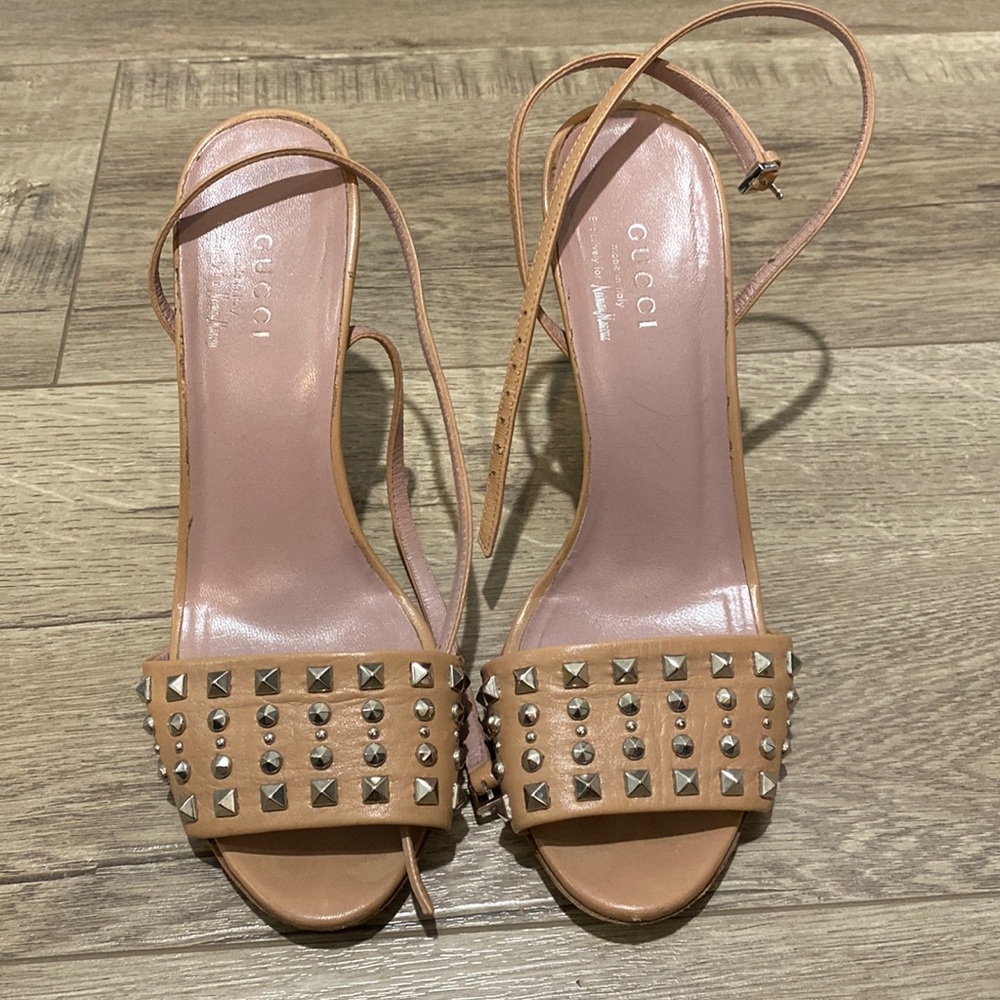 Gucci Nude Studded Ankle Strap Heels - Picture 1 of 8